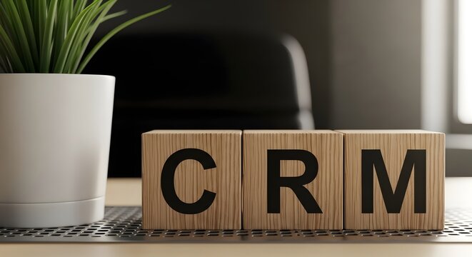Crm customer relationship management concept with wooden blocks and office setting