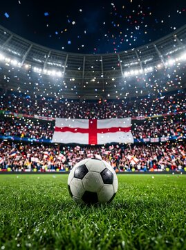 Soccer ball on green field with england flag and confetti in stadium and, football 2026, world cup 2026, world cup, FIFA world cup 2026, football final 2026