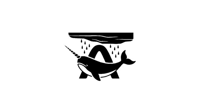 Black and white narwhal illustration with water splash.