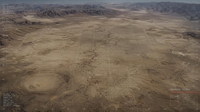 sudden. A cracked desert basin with grid lines, representing sudden ecological collapse. ESG reports, sustainability campaigns, designed for sustainability communications and ESG reporting.