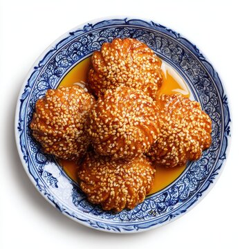 Moroccan chebakia pastries coated with sesame seeds and honey isolated on a white background