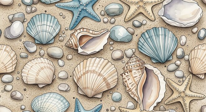 Seamless pattern of seashells starfish and pebbles on a sandy beach