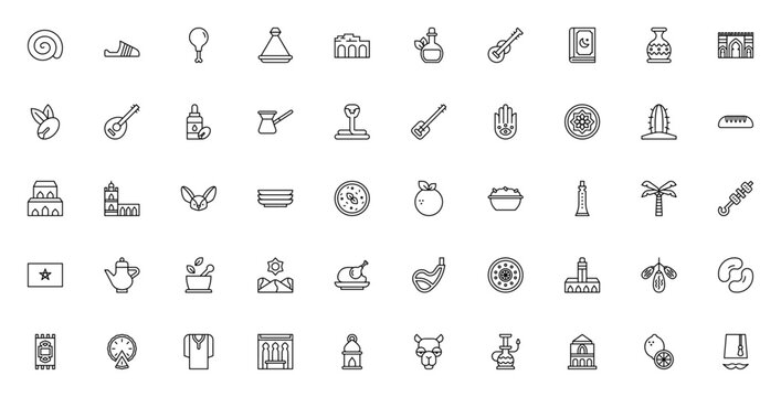 Morocco icon set. Moroccan culture vector icons pack. Minimalist thin line web icons. Featuring Tajine, Couscous, Camel, Mosque, Hamsa, Argan oil, and more. Editable vector stroke.