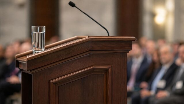 lectern. A classic wooden lectern with a glass of water, blurred audience in the background. real-estate listings.
