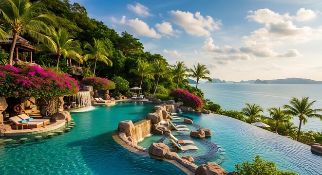 Luxury infinity pool with ocean view at a tropical resort