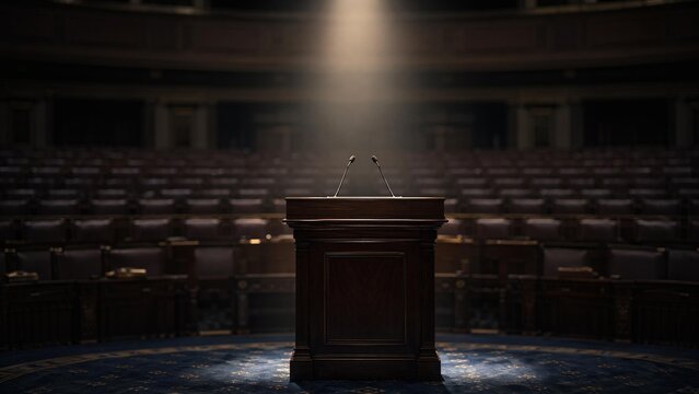 legislative. A solemn podium illuminated by a single dramatic light in an empty legislative chamber. real-estate listings.