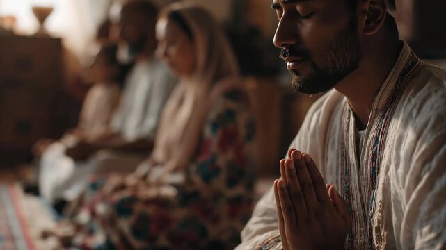 Family comes together to pray at home during Ramadan evening in a warm, inviting living space with soft lighting