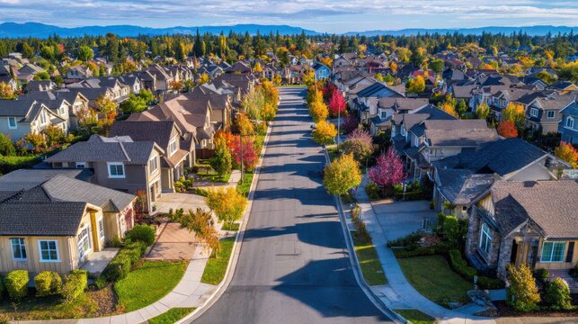 Real estate business market, house home building purchase sale. An aerial view of a residential neighborhood in the fall, with houses featuring roofs, trees displaying vibrant fall colors.