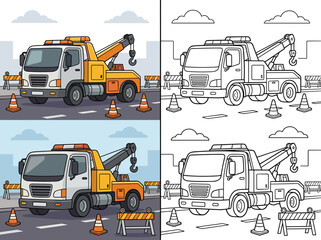 colorful vector illustration of a tow truck with an extended boom arm and safety cones © Kevin