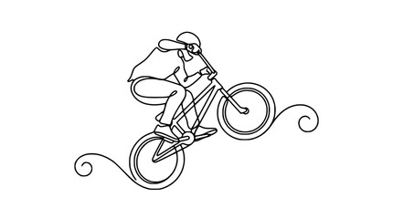 Naklejka premium Continuous line drawing of a BMX rider performing a trick against a white background