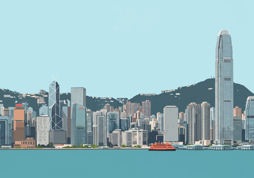 Vector illustration of the Hong Kong skyline showing Central District office buildings, Bank of China Tower, IFC, a red ferry on Victoria Harbour, and mountains under a clear sky.