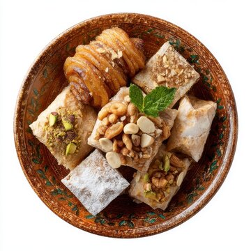 Moroccan dessert plate with assorted chebakia almond briouats isolated on a white background