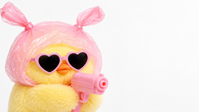 Funny yellow plush chick wearing heart sunglasses and pink plastic bunny ears holding a pink toy gun in humorous style on white background