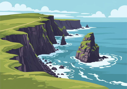 Flat vector illustration of steep rocky cliffs and sea stacks along a coastal landscape with green grass, crashing ocean waves, and white foam under a clear blue sky with clouds.
