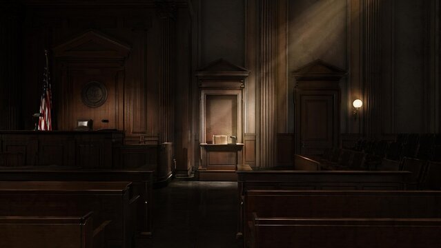 testimony. A vast, empty courtroom with dramatic lighting focused on the witness stand. event programs, museum guides, designed for cultural heritage projects and event programs.