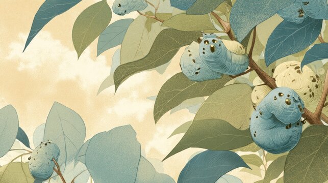 Several plump, light blue insect larvae rest among large, muted green and blue foliage against a pale yellow sky background.