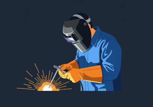 Vector illustration of a professional welder wearing a protective mask, blue uniform, and orange gloves, performing arc welding with bright sparks on a solid dark blue background.