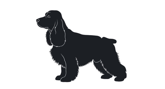 Side view vector silhouette of an English Cocker Spaniel dog standing in profile, featuring long floppy ears and feathered coat details, isolated on a white background.
