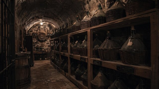 demijohns. An aged, dimly lit wine cellar with rows of dusty containers. bar promotions, beverage menus, designed for product packaging and bar promotions, used by management consultants.