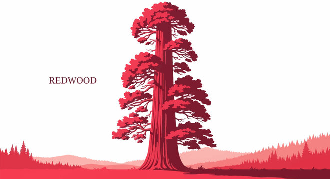 Vector illustration of a massive crimson red sequoia redwood tree standing in a landscape with a background of distant forest hills and the text REDWOOD on a white background.