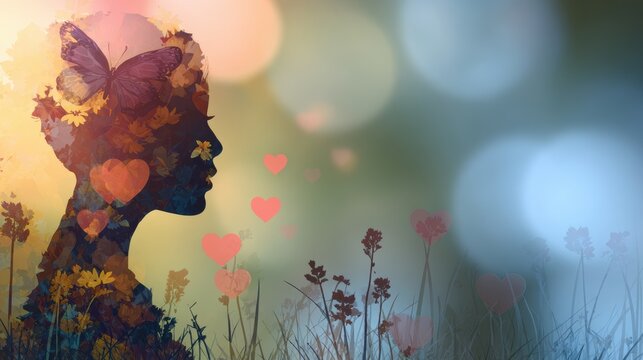 Romantic love theme for Valentines Day. A woman with a butterfly perched atop her head, surrounded by a vibrant array of flowers and heartshaped objects. The background is a blend of soft.