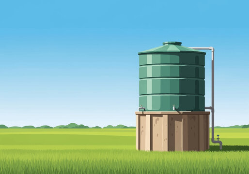 Large green corrugated plastic water storage tank on a concrete foundation in an open grassy field under a clear blue sky. Illustration of rural cistern with plumbing pipes and a tap.