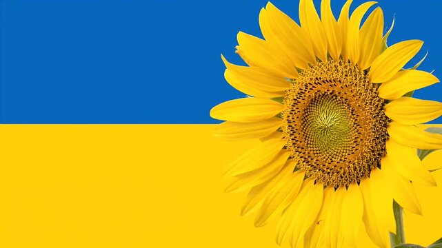 Sunflower flower head isolated on the blue and yellow national flag of Ukraine background concept