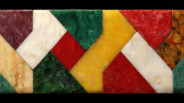 Polychrome inlaid stone geometric pattern border displays rich natural material textures.