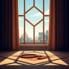 Fototapeta premium Vector illustration of wooden tasbih prayer beads with tassel on a red prayer mat indoors, featuring a large window with sunlight, curtains, and a distant city skyline view.