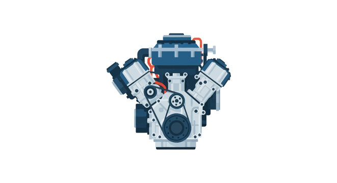 A flat vector illustration of an internal combustion engine with a V-configuration, featuring cylinder blocks, pulleys, a drive belt, and mechanical components in blue and grey tones.