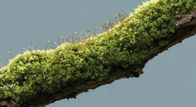 Detailed vector graphic of vibrant green moss covering a diagonal tree branch with protruding sporophyte capsules and stems isolated on a solid light blue background.
