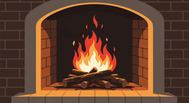 2D flat vector illustration of a burning fireplace with bright orange flames over wooden logs, set within a dark brick interior hearth with warm ambient light and sparks.