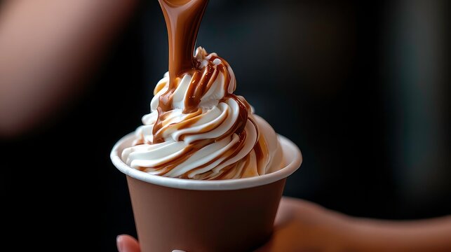 Extreme close-up of a female hand, holding a cup of twisted ice cream from ice cream machine dispenser, hot chocolate pouring over it. Isolated on a black background with copy space.
