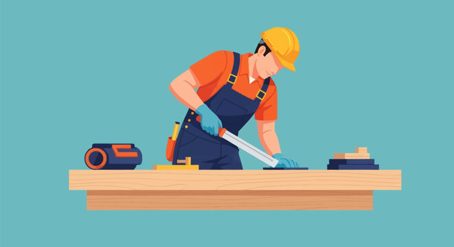Flat vector illustration of a male carpenter in a yellow hard hat and blue overalls using a handsaw to cut timber on a wooden workbench, including a toolbox on a teal background.