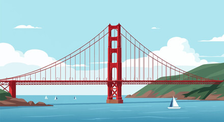 Fototapeta premium Flat vector illustration of the Golden Gate Bridge in San Francisco featuring international orange suspension towers, white sailboats on blue water, and green coastal hillsides.