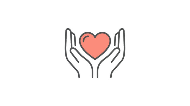 Minimalist outline icon of two human hands holding a heart symbol.