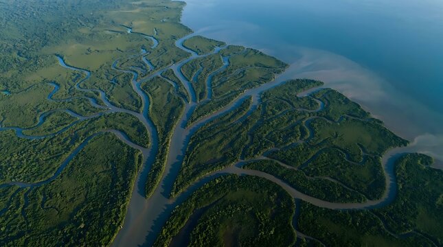 Aerial view of a winding river system through green landscape