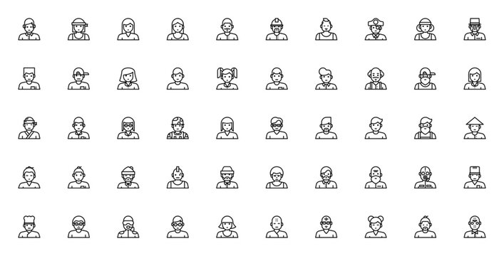 Avatar icon set. Minimalist vector collection. Includes Boy, Runner, Woman, Man, Engineer, Punk, Pirate, Uncle, Girl, Teacher, Chef, Soldier, Carpenter, Asian, Woodcutter, Mohawk, Afro, Gas mask, Nerd