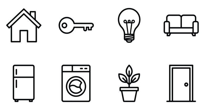 Set of home related line icons including house, key, lightbulb, sofa, fridge.