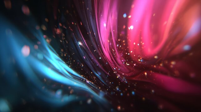 Dynamic swirling streams of bright magenta and cyan light mingle with scattered shimmering particles