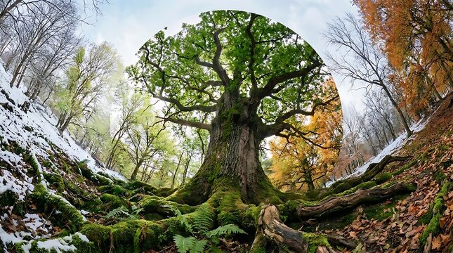 A large tree with green leaves and moss on its roots in a forest
