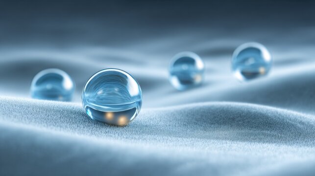 Transparent fluid spheres rest upon a textured, cool toned fabric surface