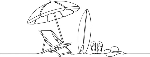Obraz premium Continuous one line drawing of beach vacation elements including umbrella chair surfboard flip flops and hat.