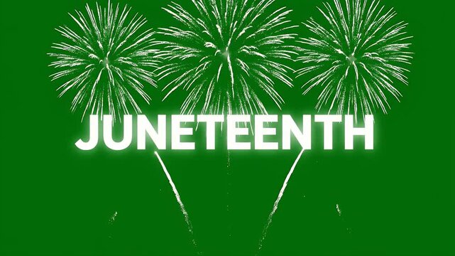 Juneteenth celebration text with white fireworks exploding on a solid green background animation