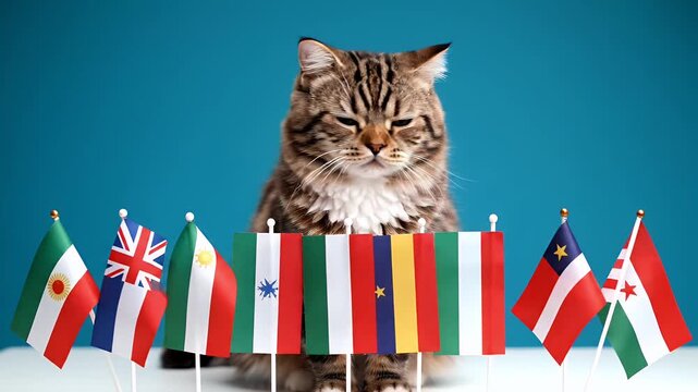 Tabby cat sitting behind a row of small international flags on a blue background for global unity