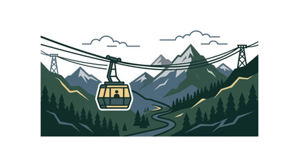 Vintage style illustration of a cable car gondola suspended in the mountains. © ikhsan fadhilah