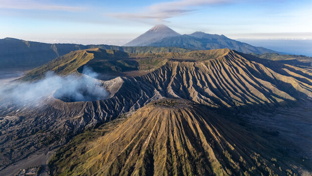 Scenery view of the volcanic complex in Bromo Tengger Semeru National Park at dawn located in East Java of Indonesia.