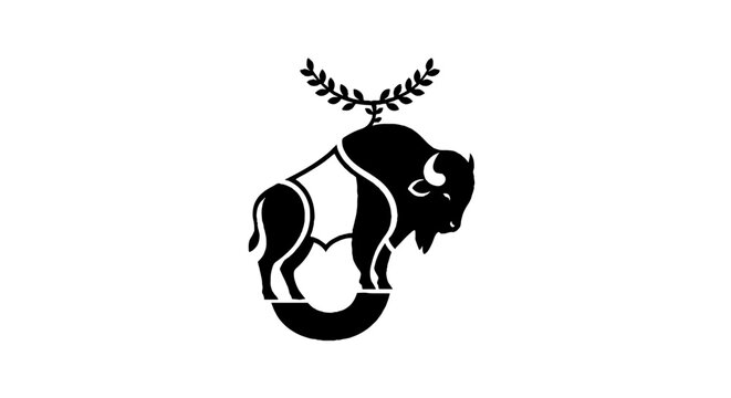 Black and white bison logo with antlers design.