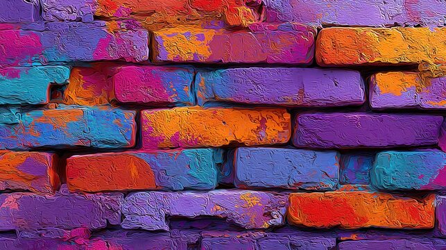 Vibrant, thickly textured paint covers a wall constructed from stacked rectangular masonry units.