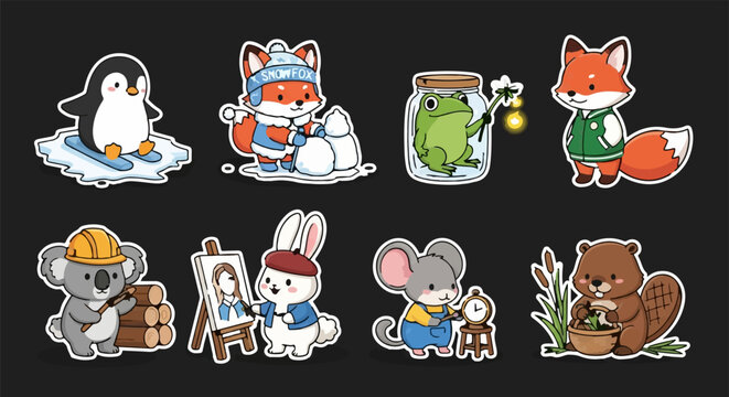 Colorful cartoon animals in various activities and poses.